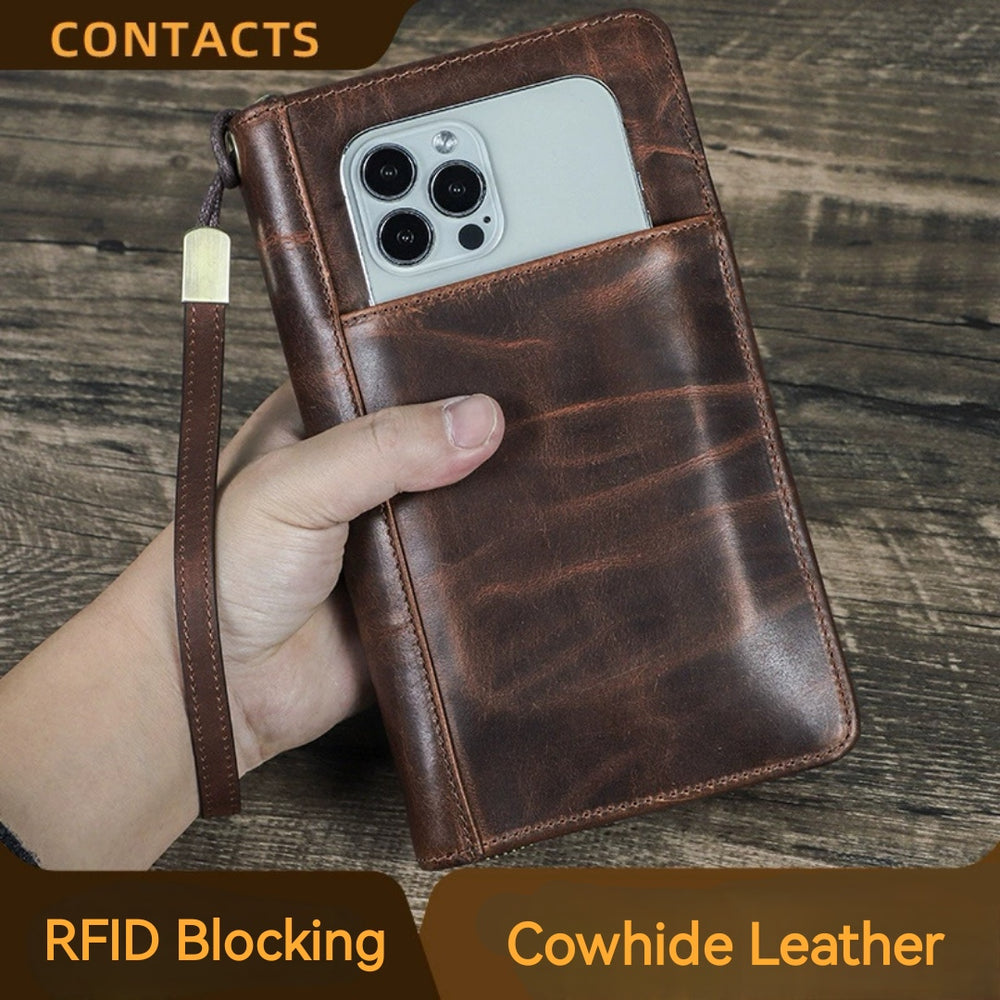 Cowhide Leather RFID Blocking Wallet Passport Holder Clutch Bag
