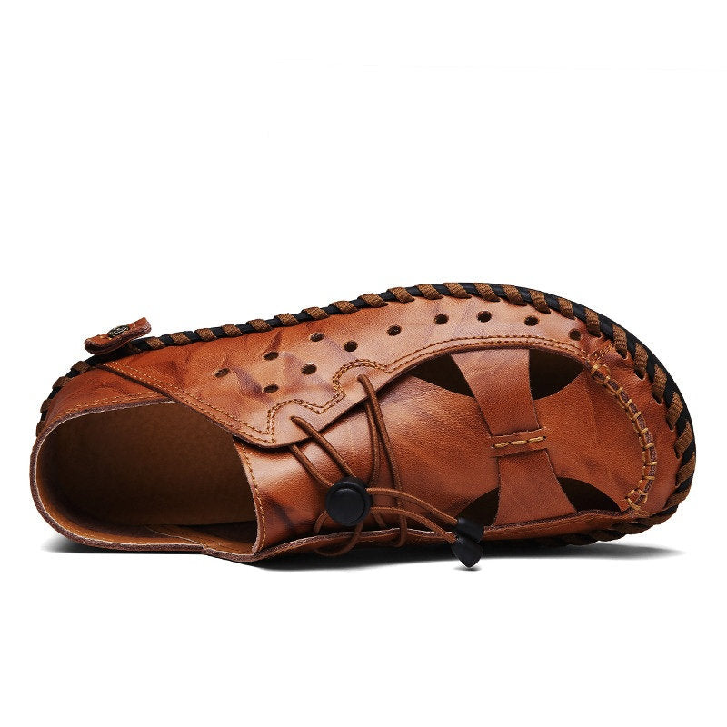 Men Hollow Breathable Hand Stitching Elastic Adjustable Laces Leather Sandals