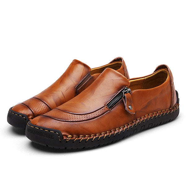 Men Hand Stitching Zipper Slip-ons Leisure Leather Shoes