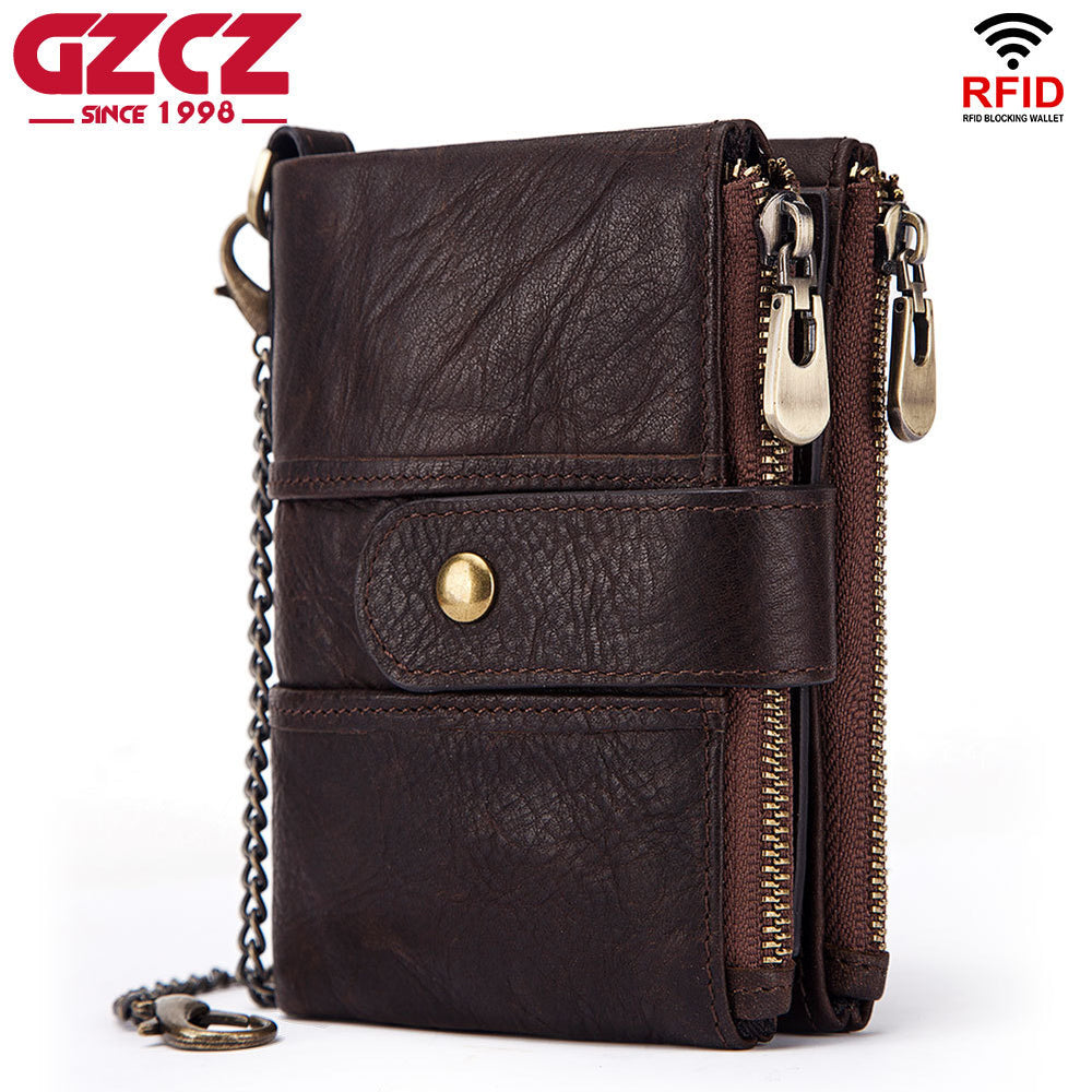GZCZ Men Genuine Leather Multi-functional Chain Buckle RFID Blocking Wallets