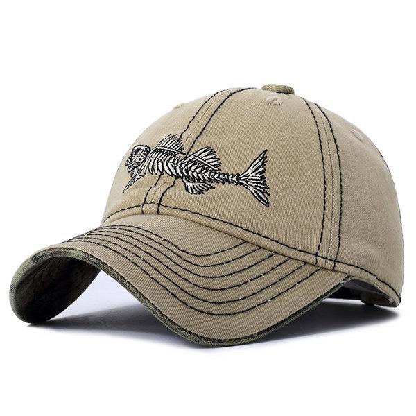 Mens Embroidery Fish Bone Pattern Outdoor Sunshade Hat Washed Baseball Cap