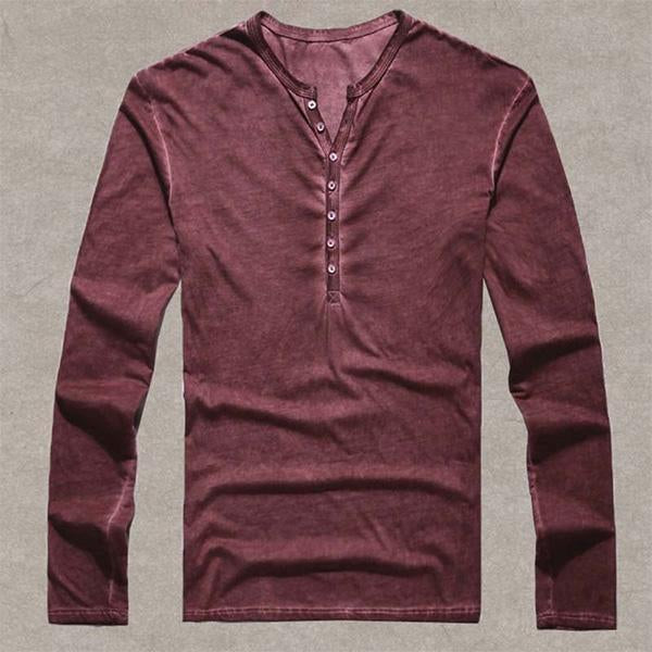 Vintage Small V-Neck Men's Casual Long-Sleeve Henley Shirts