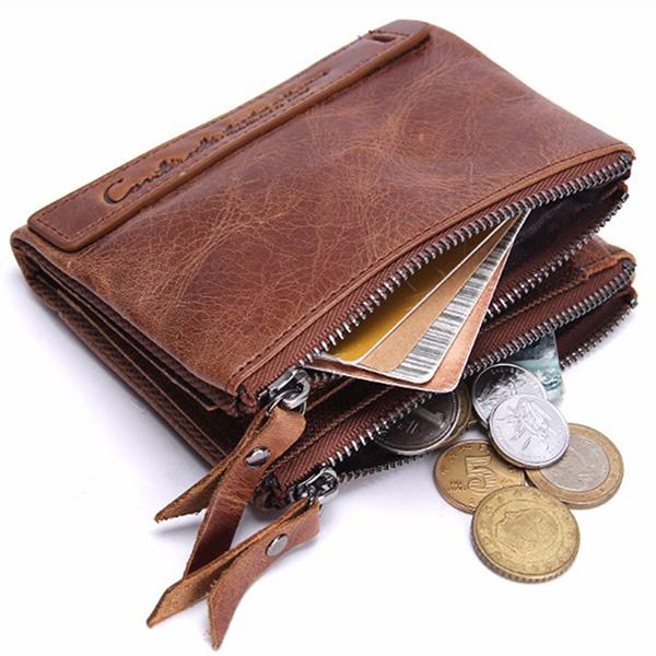 Men's Crazy Horsehide Leather 2 Zipper Pocket Coins Purse Short Wallet - MagCloset