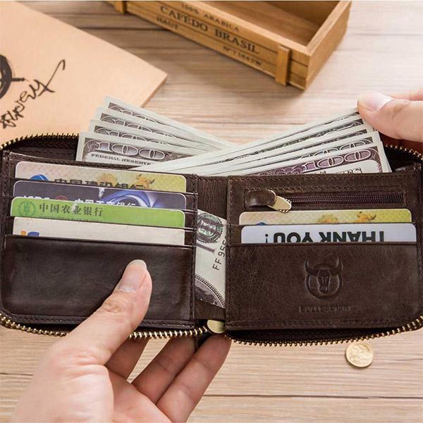 Vintage Genuine Leather 11 Card Slots Coin Purse Zipper Wallet