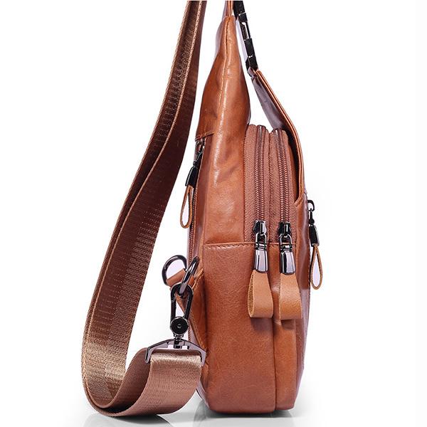 Retro Oil Wax Cowhide Leather Mens Crossbody Chest Bag