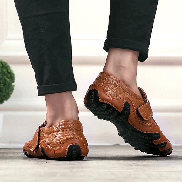 Men Large Size Hand Stitching Flat Loafers Hook Loop Soft Sole Casual Driving Shoes