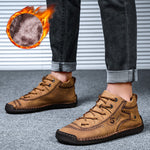Mens Fur Lining Hand Stitching Comfy Leather Casual Shoes