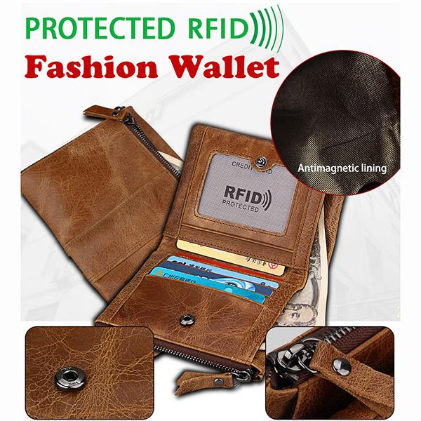 RFID Blocking Crazy Horsehide Leather Vertical Short Wallet For Men