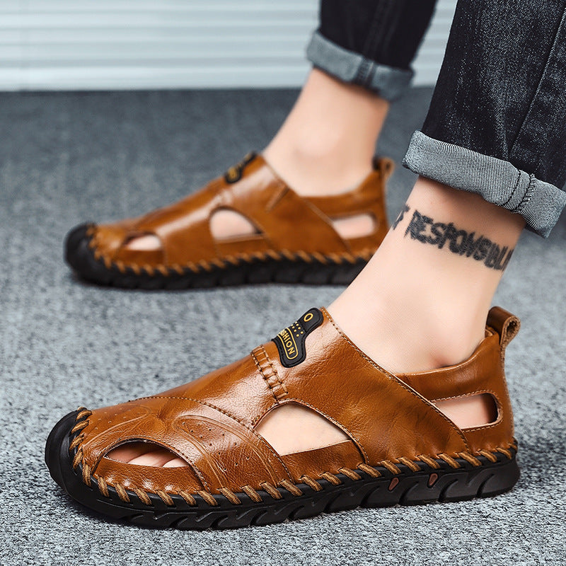 Men's Casual Cowhide Leather Slip On Sandals