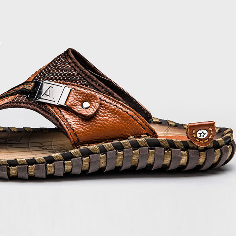 Mens Genuine Leather Beach Sandals Summer Casual Flip-Flops