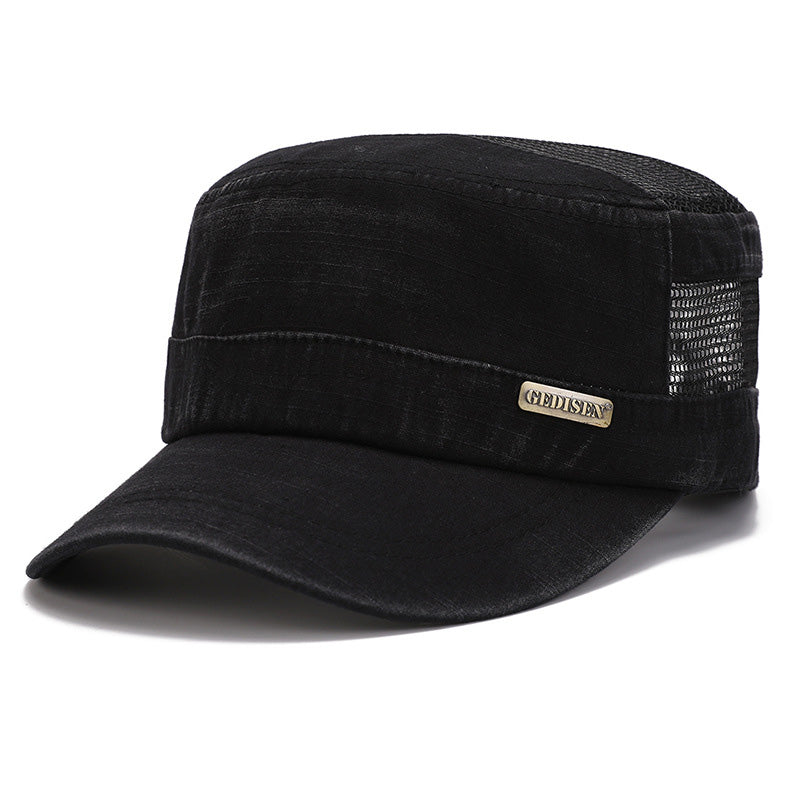 Mens Washed Cotton Flat Top Hat Outdoor Mesh Breathable Cap