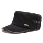 Mens Washed Cotton Flat Top Hat Military Army Peaked Cap