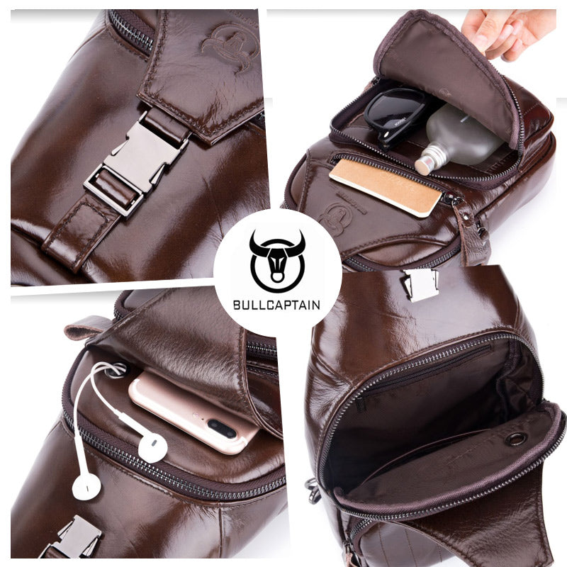 Bullcaptain® Men Leather Crossbody Bag Large Capacity Chest Bag Shoulder Bag