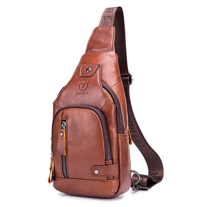 Bullcaptain Cowhide Leather Chest Pack Crossbody Bag with Charging Port