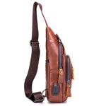 Bullcaptain Cowhide Leather Chest Pack Crossbody Bag with Charging Port