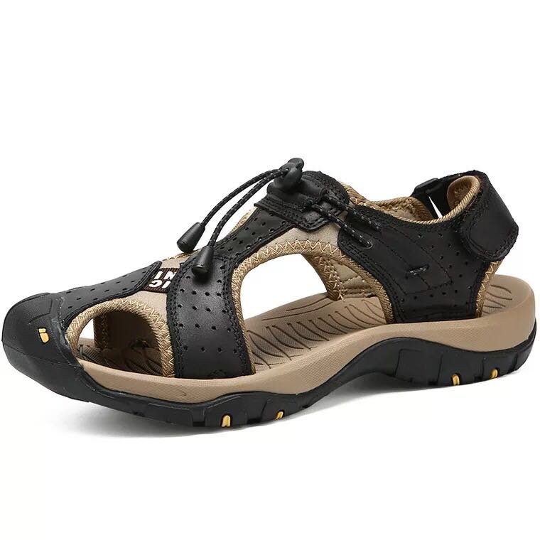 Large Size Men Stitching Genuine Leather Anti-collision Toe Lace Up Outdoor Beach Sandals