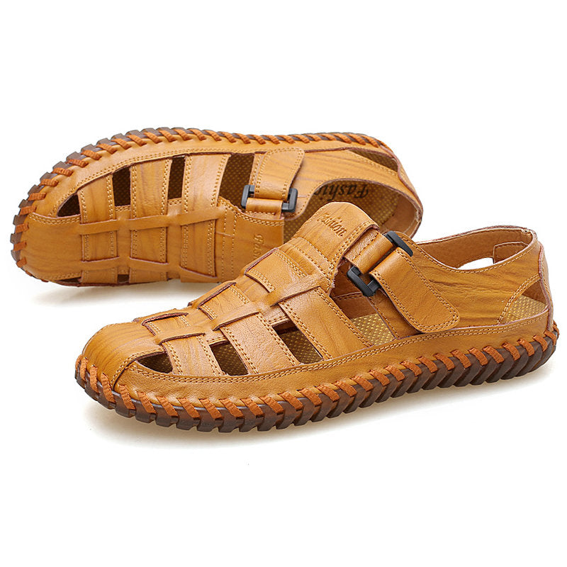 Men Soft Cow Leather Large Size Hand Stitching Hook Loop Sandals
