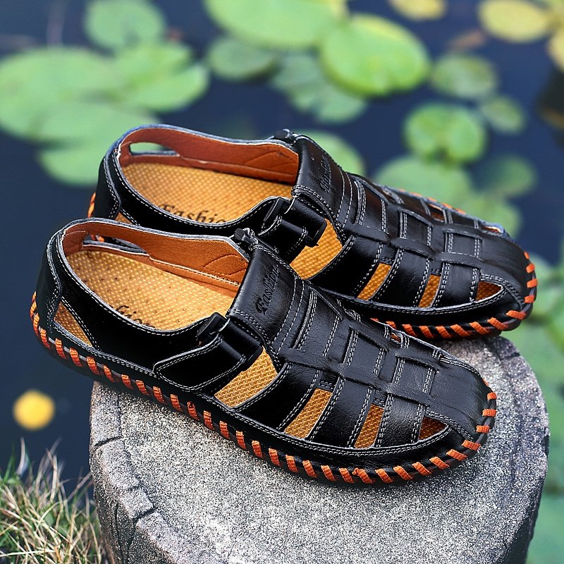Men Soft Cow Leather Large Size Hand Stitching Hook Loop Sandals