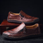 Men Hand Stitching Zipper Slip-ons Leisure Leather Shoes
