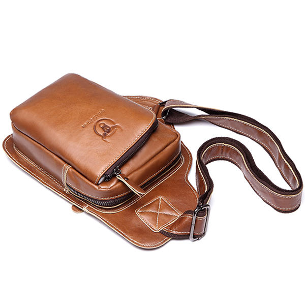 Bullcaptain® Men Genuine Leather Sling Bag Business Casual Chest Crossbody Bag for Ipad Mini
