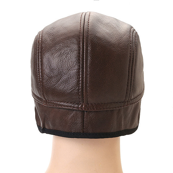 Men Classic Genuine Cowhide With Ear Flaps Beret Hats Casual Flat Caps