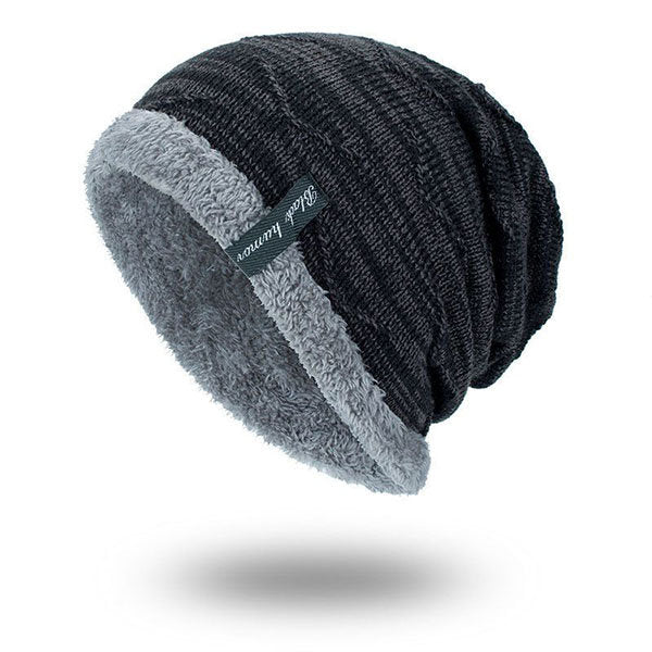 Mens Stripe Knit Plus Velvet Beanie Hats Outdoor Keep Warm Caps