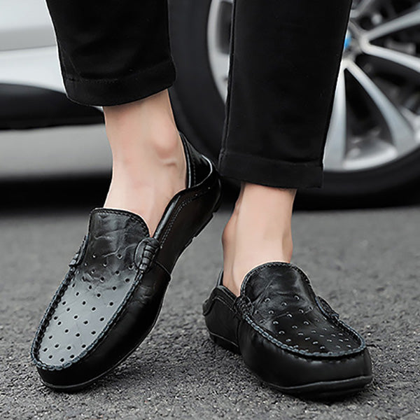 Two Ways of Wearing Hollow-out Genuine Leather Flat Loafers