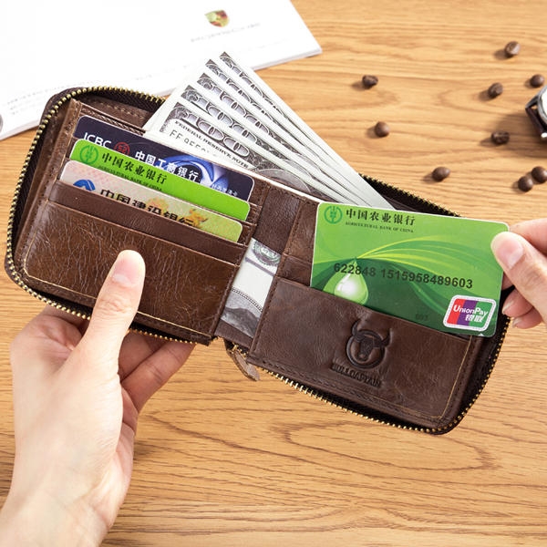 Bullcaptain® Zip Around Wallet RFID Blocking Leather Card Holder Wallet for Men